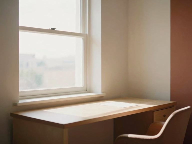 A bright, minimalist study room with a desk positioned near a sunlit window, clean lines, terracotta accents, warm morning light, 35mm