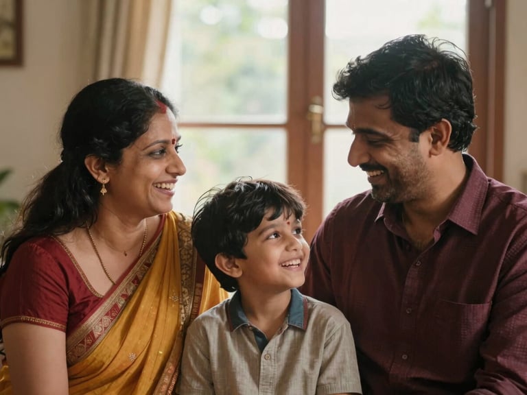 Authentic portrait of an Indian family (mother, father, child) laughing together in a sunlit home, soft natural window light, shallow depth of field, warm tones.