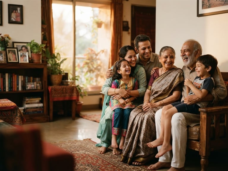 Warm, authentic portrait of a multi-generational Indian family smiling together in a natural home setting, soft golden-hour window light, rich deep tones, shallow depth of field, 35mm, family to the right third of the frame.
