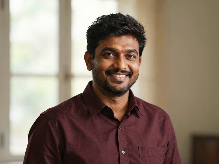 Professional but approachable portrait of Sarath Kumar Nadiminti, founder of Sri Lakshmi Finserv, smiling reassuringly, soft natural window light, shallow depth of field, warm tones.