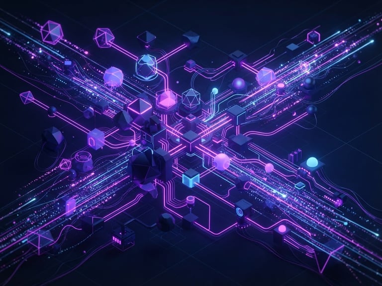 Abstract 3D render of data-flow nodes, dark navy and neon violet ambient glow, clean geometric, isometric perspective, with data streams flowing right.