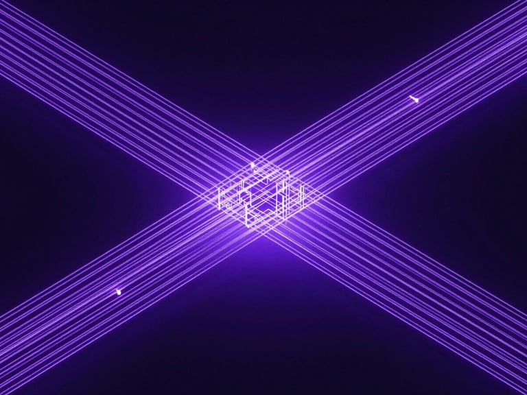 Abstract 3d render of parallel data streams flowing smoothly through a central filtering matrix, neon accents, dark background, isometric perspective
