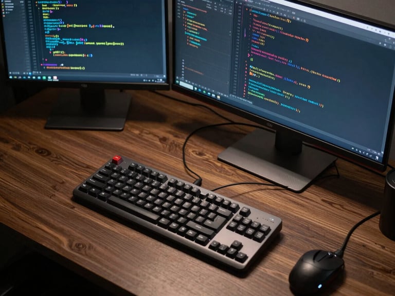 Overhead desk setup of an Android developer workspace, dark environment, mechanical keyboard, and dual monitors displaying native Kotlin code blocks in a clean IDE.