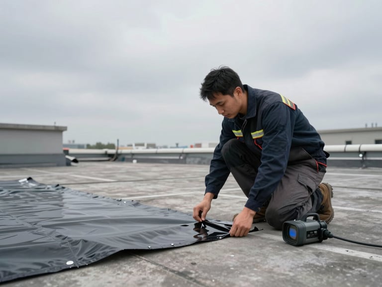 Wide oblique angle of a flat rooftop under overcast grey sky, technician in work gear crouching to place a temporary waterproof membrane patch, thermal imaging camera resting beside them, industrial rooftop context visible in background, documentary style, no smiling