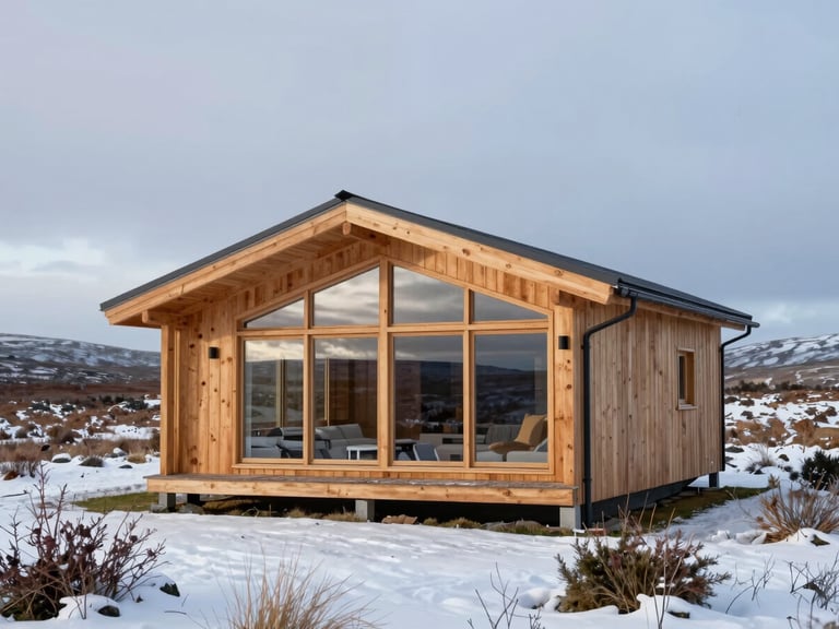 Exterior architectural photography of a sustainable timber lodge nestled in the Cairngorms, soft diffused northern daylight, snow-dusted landscape, warm timber facade, large triple-glazed windows, low horizon.