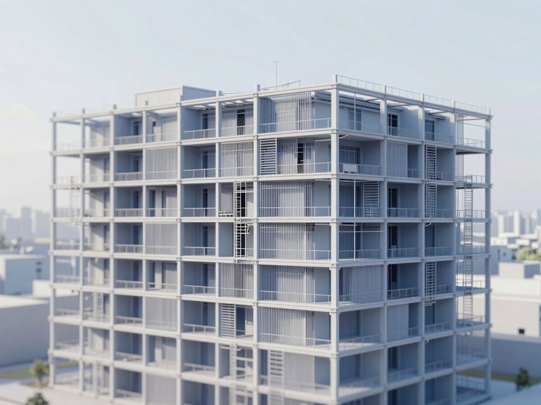 Detailed BIM model of a complex building facade, showing structural elements and MEP systems, rendered in slate blue and white, soft northern daylight