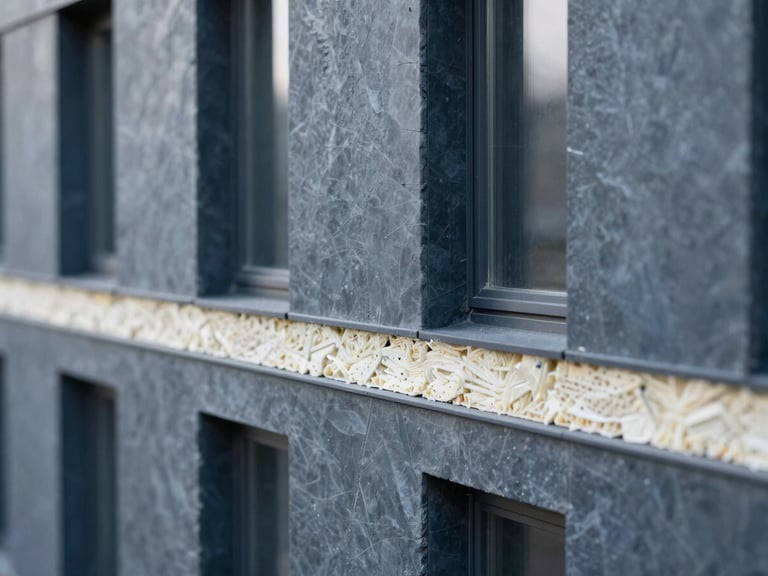 Cross-section detail of a sustainable building facade, showing insulation layers and material textures, sharp focus, technical drawing style, soft northern daylight