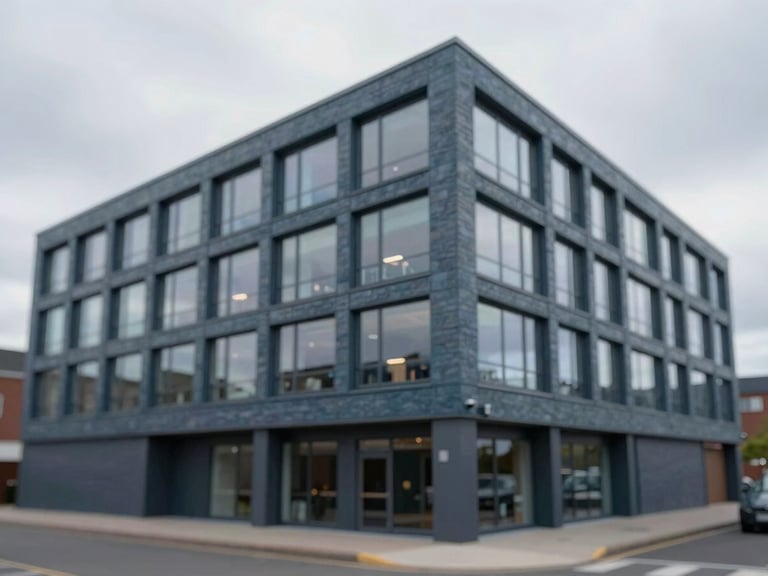 Architectural rendering of a modern commercial building in Aberdeen, showing structural integrity and spatial efficiency, overcast sky, 35mm tilt-shift lens