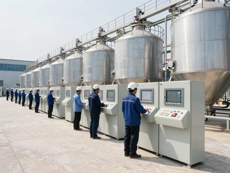 Wide shot of a modern sugar mill production floor with engineers reviewing control panels, bright daylight.
