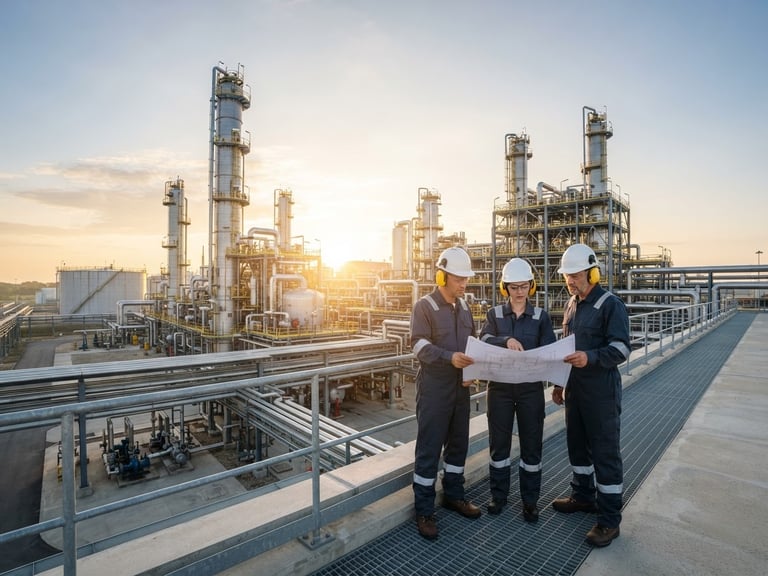 Wide panoramic shot of a modern, clean ethanol distillation plant at sunrise, with engineers in clean safety gear reviewing blueprints in the foreground, high-detail 35mm.
