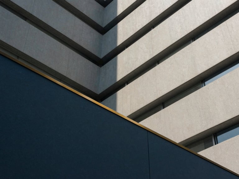 Abstract architectural lines intersecting with a subtle gold accent, symbolizing structured growth, soft office daylight, deep navy and neutral tones, sharp focus, 35mm