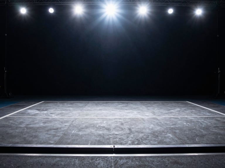 empty weightlifting competition platform with bright lights, wide shot, high contrast cool tones, focused overhead spotlighting.