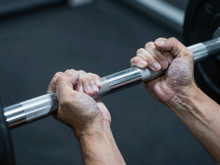 close-up of hands gripping a knurled steel barbell with chalk, focused overhead spotlighting, high contrast cool tones.