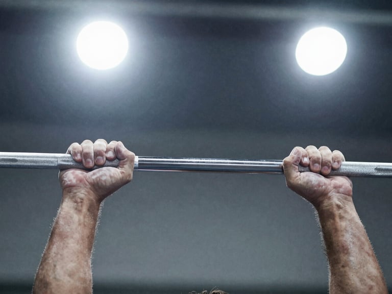 Close-up of a weightlifter's hands gripping a knurled barbell, chalk dust on fingers, focused overhead spotlight, high contrast cool tones.