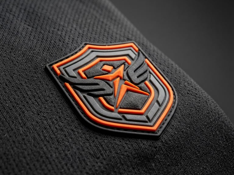 Macro shot of high-performance sports apparel fabric with a crisp 3D crest, bright high-contrast studio lighting, dark gray background, safety orange details, 50mm