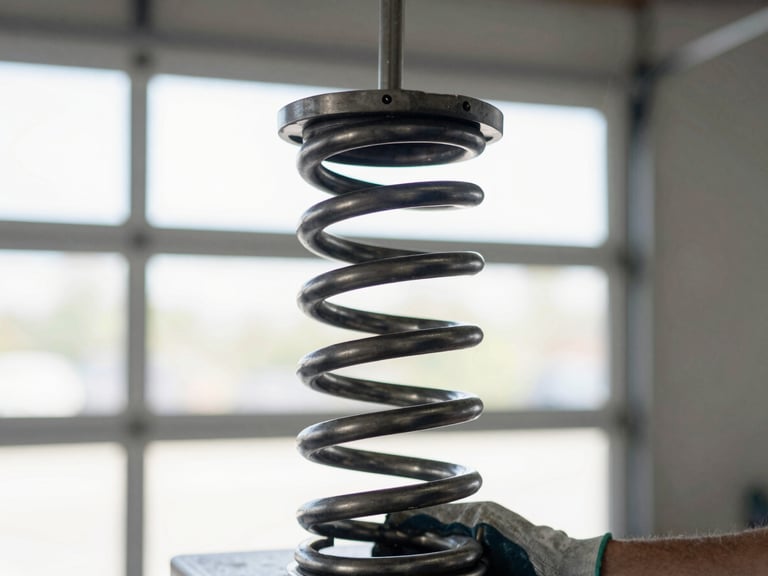 Close-up of a heavy-duty garage door torsion spring, coiled and under tension, with a technician's gloved hand nearby, bright garage interior, sharp focus, 35mm