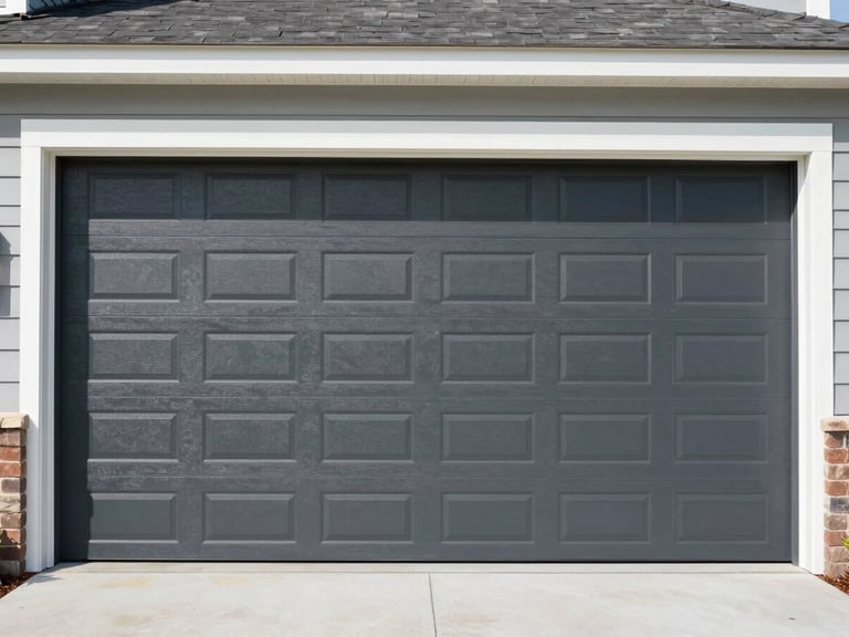 Wide shot of a newly installed modern dark gray garage door on a residential home in Anderson, SC, clean lines, bright natural daylight, crisp industrial photography, 35mm