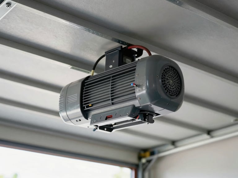 Medium shot of a garage door opener motor unit mounted on the ceiling, with wiring and a technician's tools visible, clear, well-lit garage interior, sharp focus, 35mm