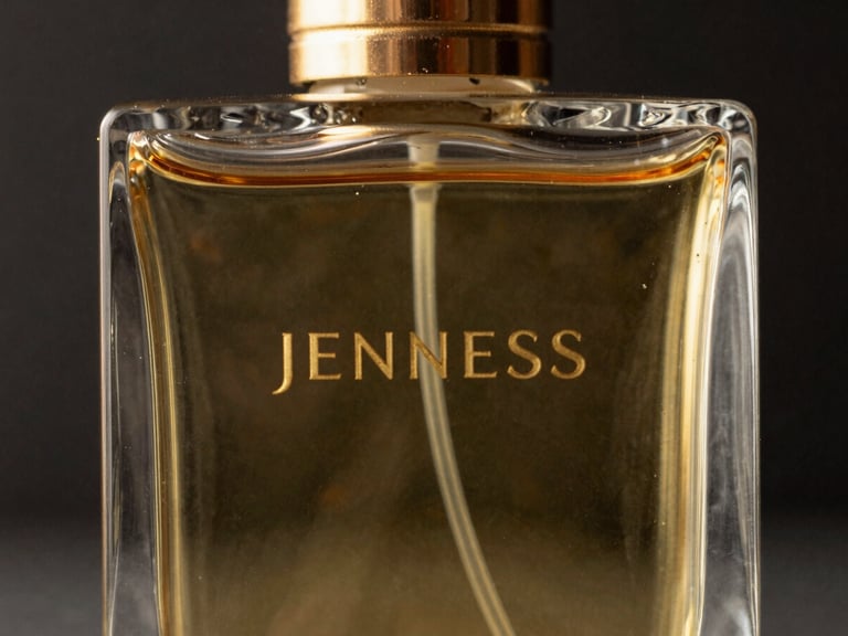 Extreme close-up of the textured glass of Jenness perfume bottle, gold liquid visible inside, dramatic dark studio lighting with gold rim light