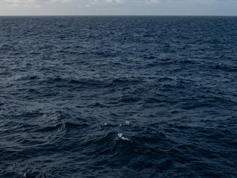 A modern commercial container ship navigating calm deep blue ocean waters during bright daylight, wide shot, crisp focus.