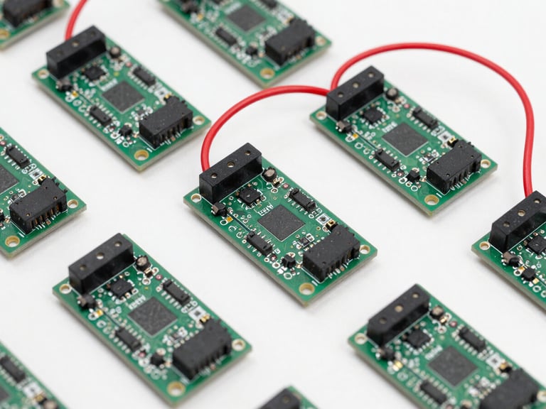 Crisp macro overhead shot of organized microcontroller development boards and red jumper wires on a white lab table, bright high-key studio lighting, 50mm