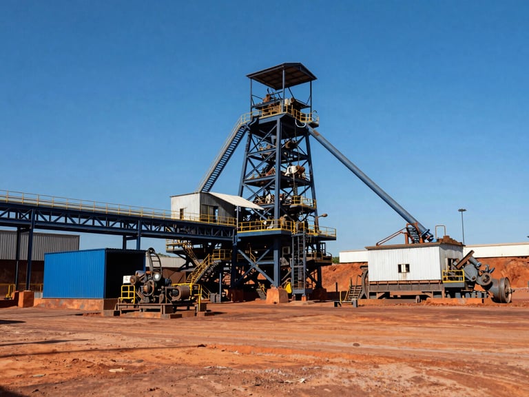 Vista panorâmica de uma mina de minério de ferro a céu aberto em Parauapebas, equipamentos pesados em operação, céu azul, estilo autêntico editorial, tons azuis e laranjas