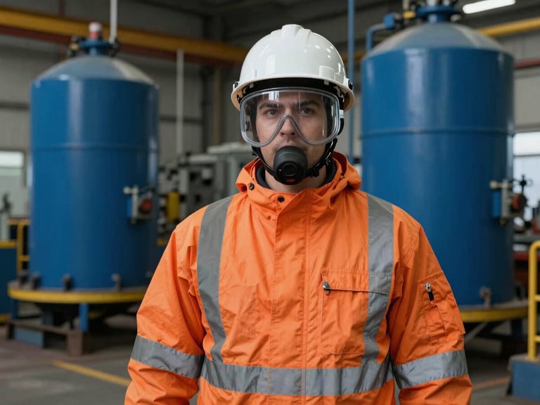 Portrait of a safety professional in full PPE (Personal Protective Equipment) on an industrial site, looking confident, natural industrial lighting, rich blue and orange tones, sharp focus, 35mm, authentic industrial photography.