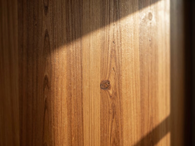 Warm editorial photography of rich natural teak wood grain, golden-hour window light illuminating the textured surface, deep shadows, 35mm