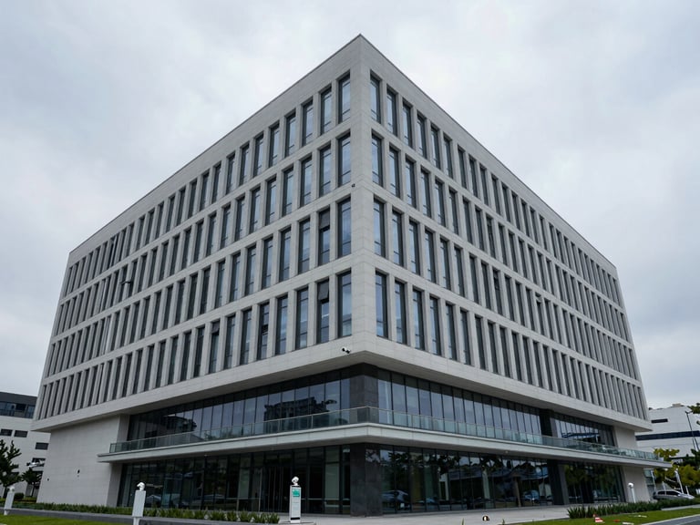 Crisp, overcast daylight architectural shot of a modern corporate headquarters with subtle security monitoring indicators, clean lines, wide perspective.