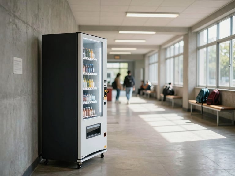 Environmental wide shot of a university common area hallway, a vending machine standing against a painted concrete wall to the left third, natural window light from the right, students' backpacks visible on benches in the background out of focus, institutional fluorescent overhead lighting blending with daylight