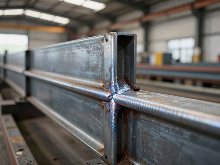 Close-up of a welded structural steel joint on a fabrication floor in an industrial warehouse, fluorescent bay lighting, freshly finished weld bead visible, steel sections aligned precisely, no people in frame