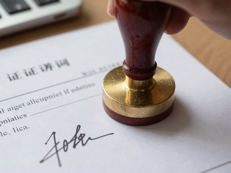Close-up macro shot of a certified translation stamp with gold foil seal and signature on an official document, soft natural daylight, professional workspace.