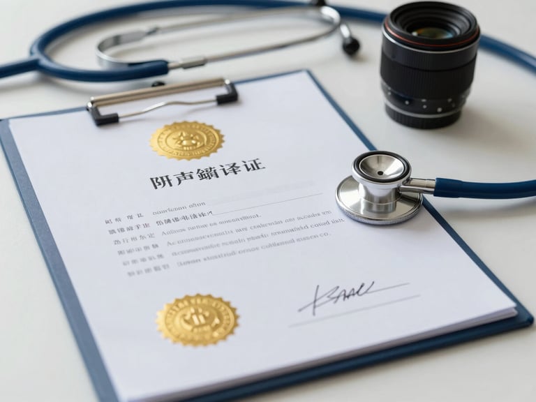 A close-up of a certified medical translation document with an official gold seal and signature, resting on a clean professional desk next to a stethoscope.