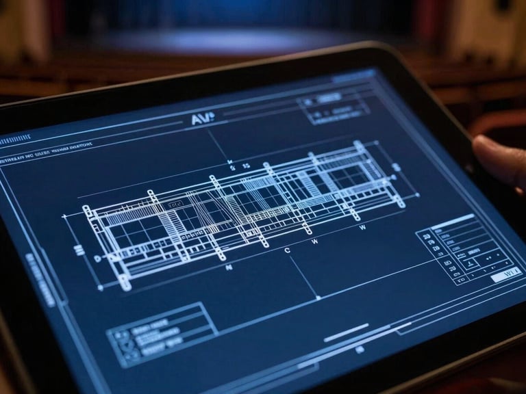 Close-up of a detailed AV design blueprint on a tablet, overlaying a dimly lit auditorium, deep blue and slate tones, sharp focus, 35mm lens.