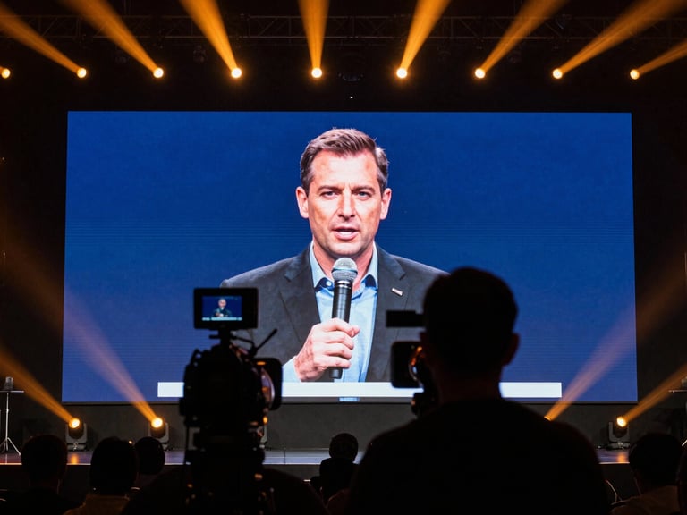 Shot from behind a camera operator, focused on a large stage screen displaying a speaker, professional lighting, warm amber accents, high contrast, 35mm lens.