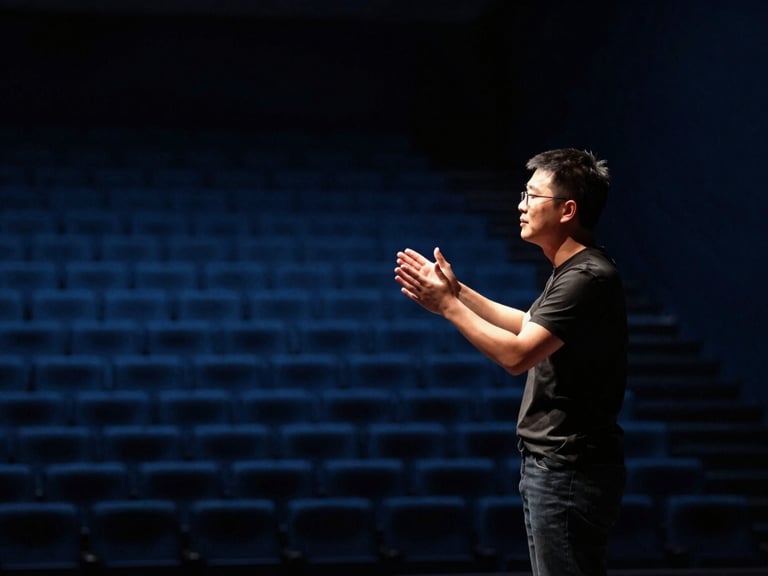 A speaker on stage, seen from the side, gesturing confidently under a warm spotlight, empty auditorium, deep blue and slate tones, high contrast, 35mm lens.