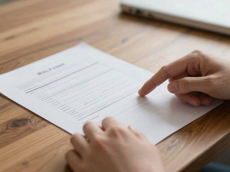 Close-up of hands reviewing clear financial documents on a warm wooden table, soft natural daylight, shallow depth of field, 35mm.
