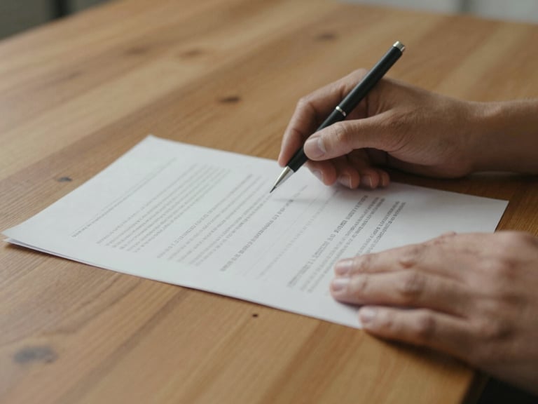 A close-up of hands reviewing clear financial documents on a warm wooden table, soft natural light, rich muted tones.