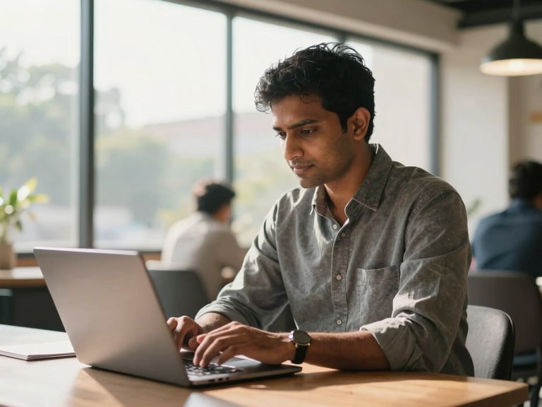 A confident Indian professional working on a laptop in a bright, modern co-working space in Bangalore, warm daylight streaming through large windows, natural depth of field, professional and determined look.