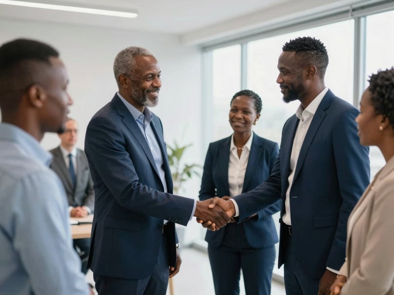 Professional meeting between Congolese entrepreneurs and Canadian delegates, shaking hands in a modern, brightly lit office, clean corporate studio lighting, medium shot.