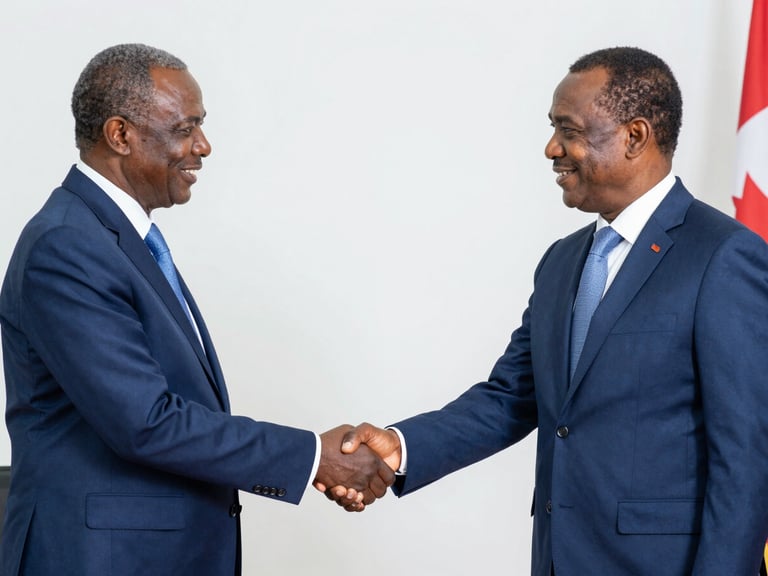 High-level handshake between a Congolese government official and a Canadian business representative, formal setting, clean background, natural daylight, medium shot.