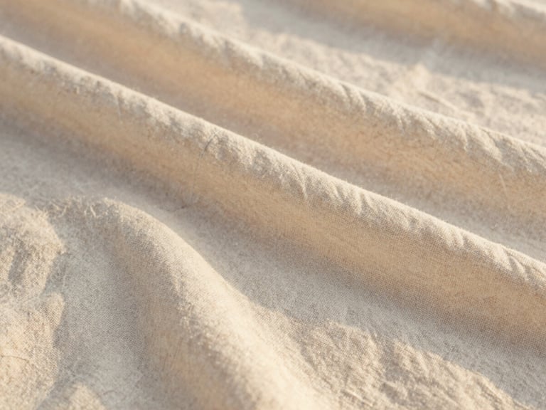 Tactile close-up of high-quality cream linen fabric weave, soft natural light highlighting the organic texture and durable stitching, warm editorial feel.