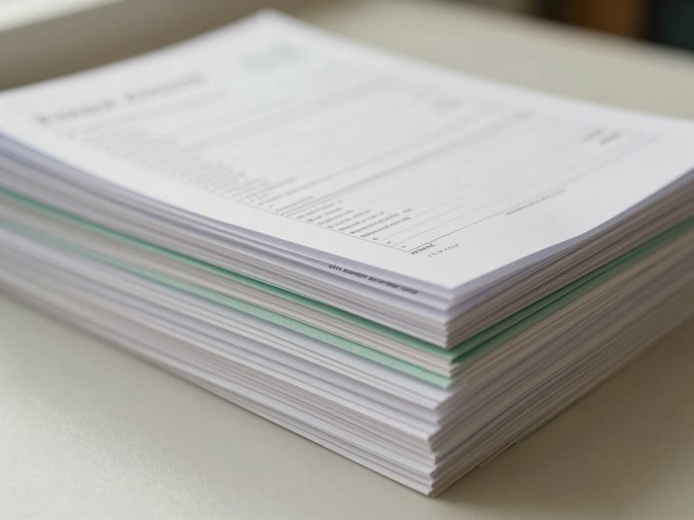 Close-up of a neatly organized stack of shipping documents and bills of lading on a clean desk, soft natural light, shallow depth of field