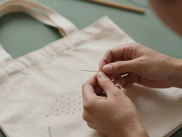Close-up of a skilled artisan's hands meticulously stitching a complex detail on a tote bag prototype, soft diffused natural light, shallow depth of field, muted forest green and beige tones.