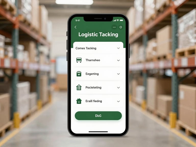 A modern smartphone screen displaying a logistics tracking interface, with a blurred background of a clean warehouse, soft diffused light