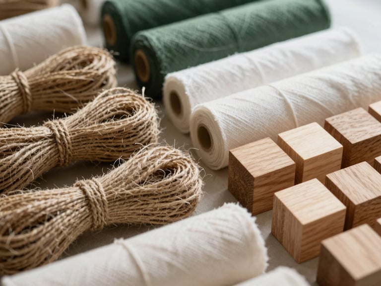 Arrangement of raw sustainable materials: bundles of natural jute fibers, rolls of organic cotton fabric, and polished wooden blocks, soft natural side-light, muted forest green and beige tones, shallow depth of field, 35mm