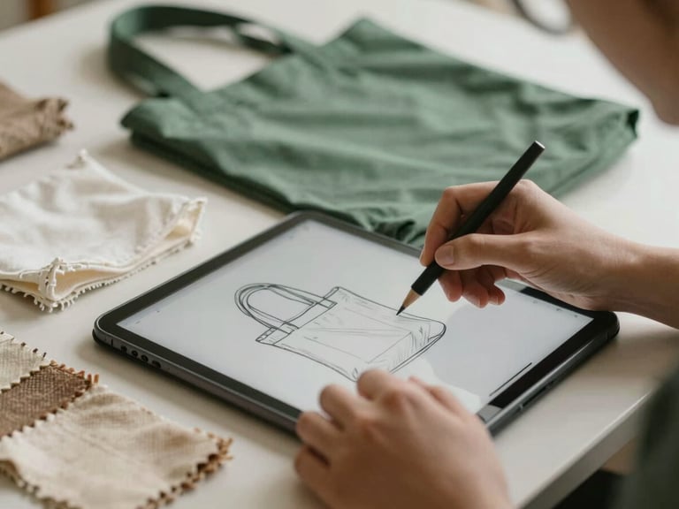 Close-up of a designer's hands sketching a tote bag design on a tablet, with swatches of organic cotton and jute fabrics nearby, soft diffused natural light, muted forest green and beige tones, shallow depth of field, 35mm