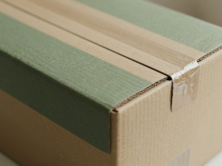 Clean, minimalist image of a custom branded cardboard box being carefully sealed, focusing on the texture of the box and the precision of the sealing tape, warm side-light