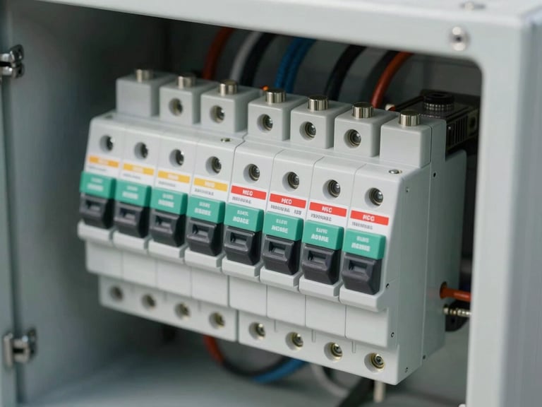Macro close-up of heavy-duty industrial electrical switchgear and safety fuses inside a battery storage container, clean engineering layout, high-contrast crisp lighting.