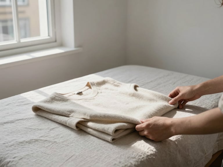 Environmental wide shot inside a sparse London apartment, a creator's hands arranging a folded cashmere garment on a pale linen surface, north-facing window light raking across the textile weave, walls bare white, shot from above and to the side showing the room's quiet geometry